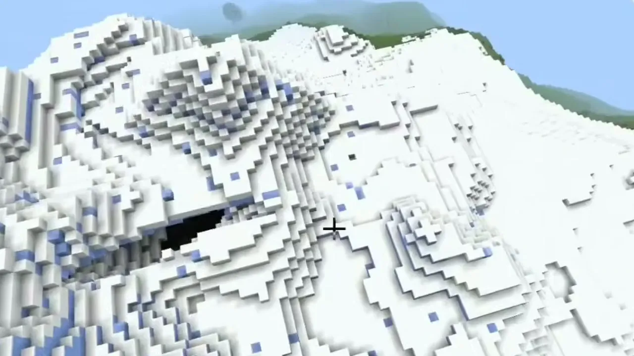 Snowy Mountain Peak Igloo and Valley Village: Snow-covered mountain slope with an igloo near the ridge and green plains below
