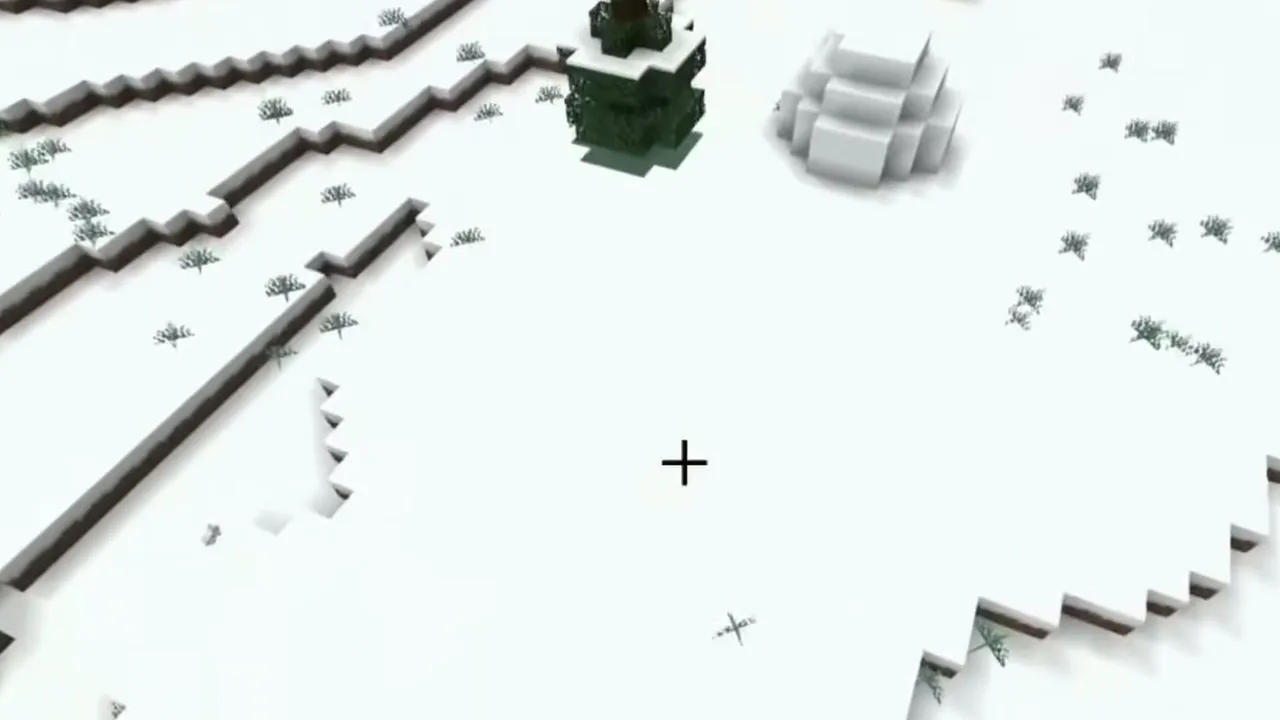 Flat Snowfield Igloo and Snowy Village: Snow igloo beside a spruce tree on a flat snowfield in Minecraft Bedrock
