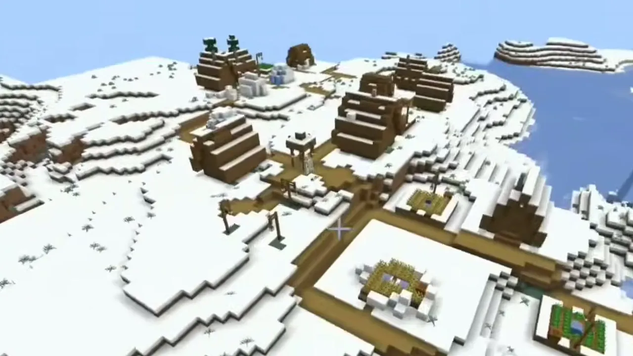 Ice Spikes Village and Basement Igloo: Snowy village cottages next to a frozen river and ice spikes in Minecraft PE