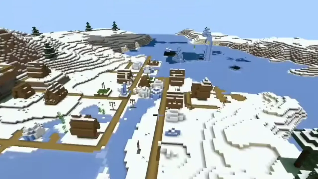Frozen River Town, Ice Spikes, and Basement Igloo: Snowy village houses along a frozen river with ice spikes in the distance