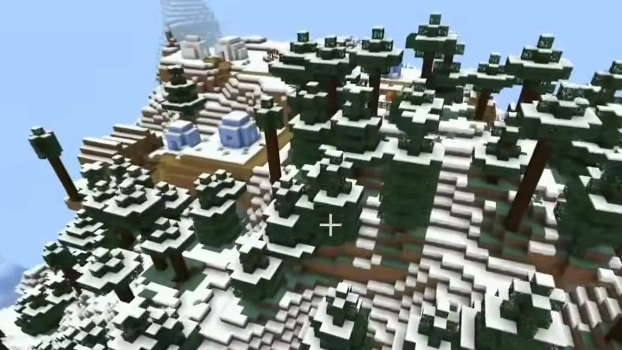Snowy Hillside Village and Basement Igloo: Snowy village houses and an igloo among spruce trees on a snowy hillside in Minecraft Bedrock