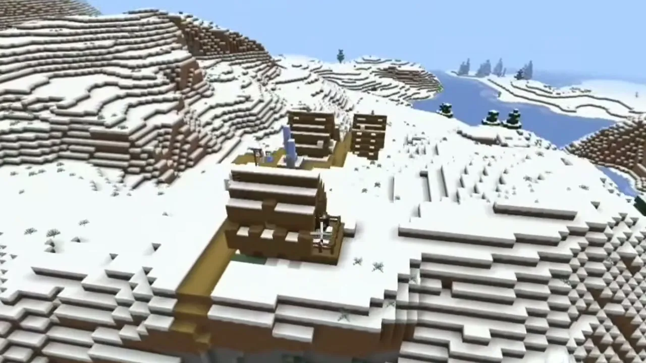 Frozen River Village and Basement Igloo: Snowy village houses on a snowy ridge above a frozen river in Minecraft PE