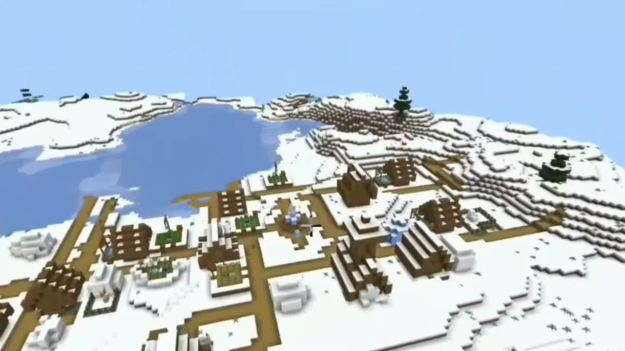 Coastal Snowfield Village and Basement Igloo: Wide view of a snowy village on a flat coastal snowfield beside icy water