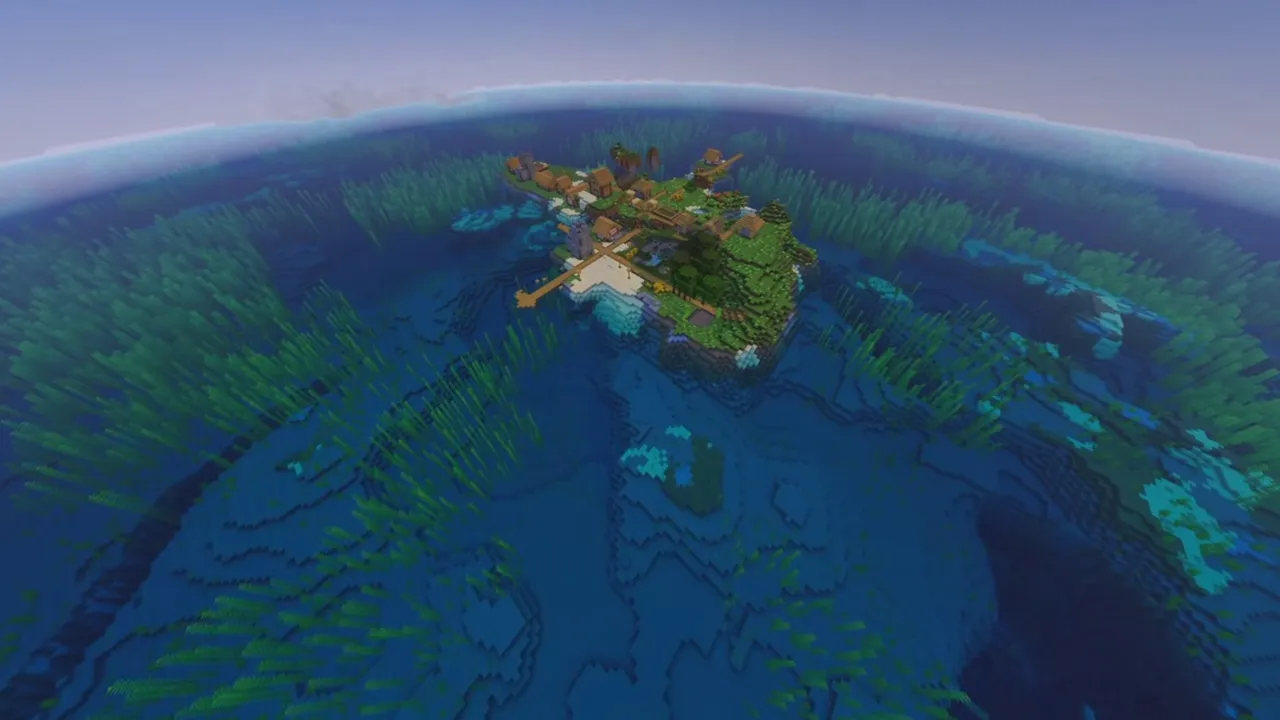 Beachy Shore Island Settlement: Cabins on grass behind an ocean shoreline