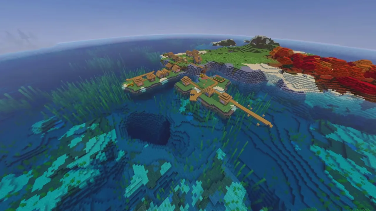 Dappled Island Settlement: Farm plots and houses beneath autumn trees
