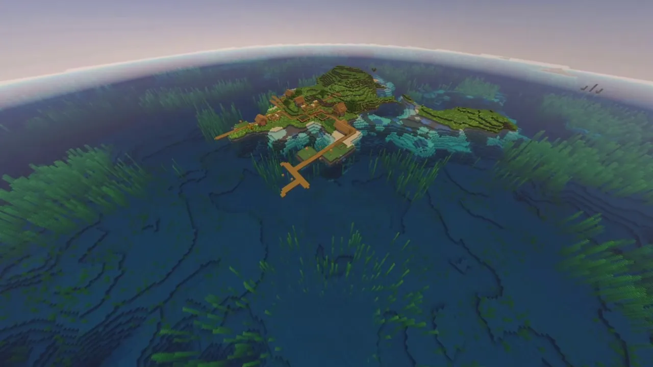 Open Meadow Island Village: Farms and houses across an ocean meadow island