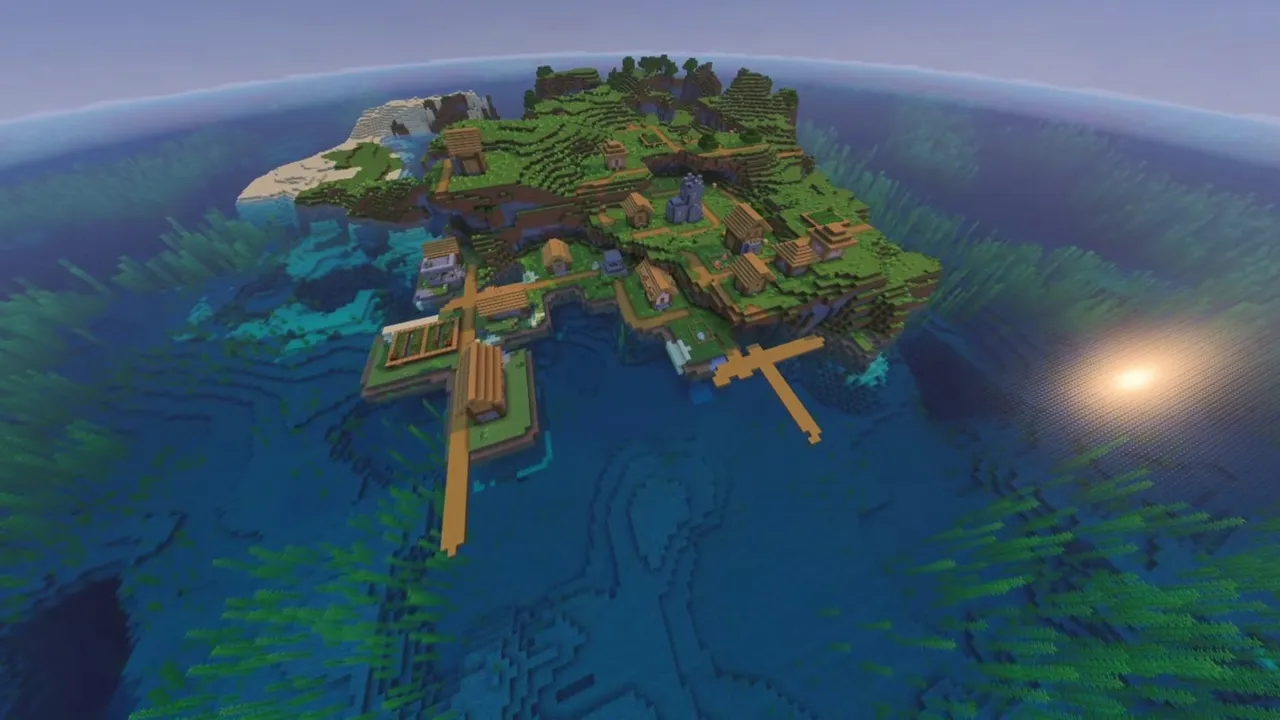 Sandy Beach Island Settlement: Farms and huts in the center of an ocean island