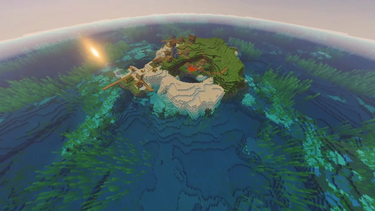 Circular Cove Island Village: Houses along the rim of an ocean inlet