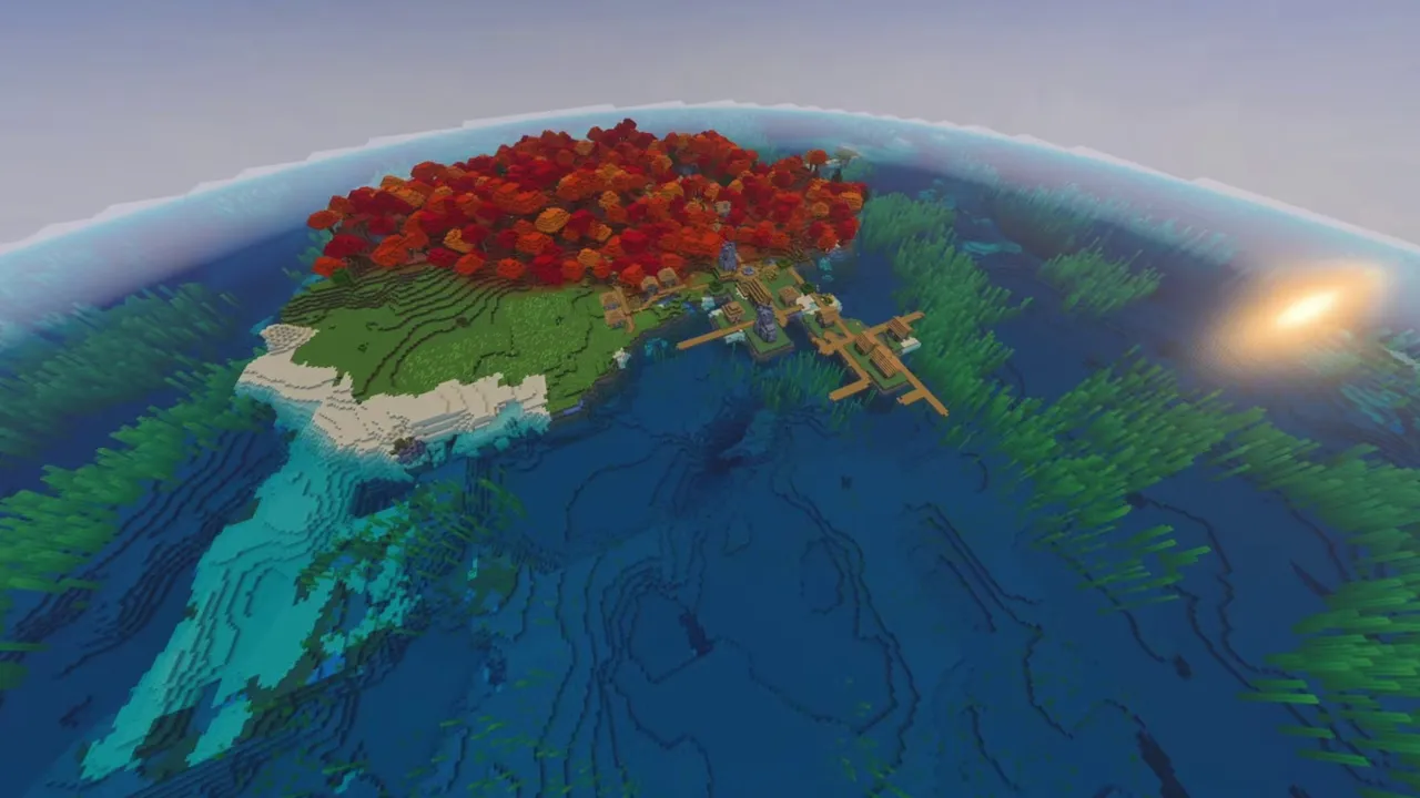 Forested Bay Village Island: Island village bordered by a green forest and bay