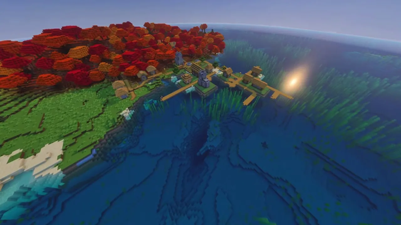 Forested Bay Village Island: Paths winding through trees to an island cove