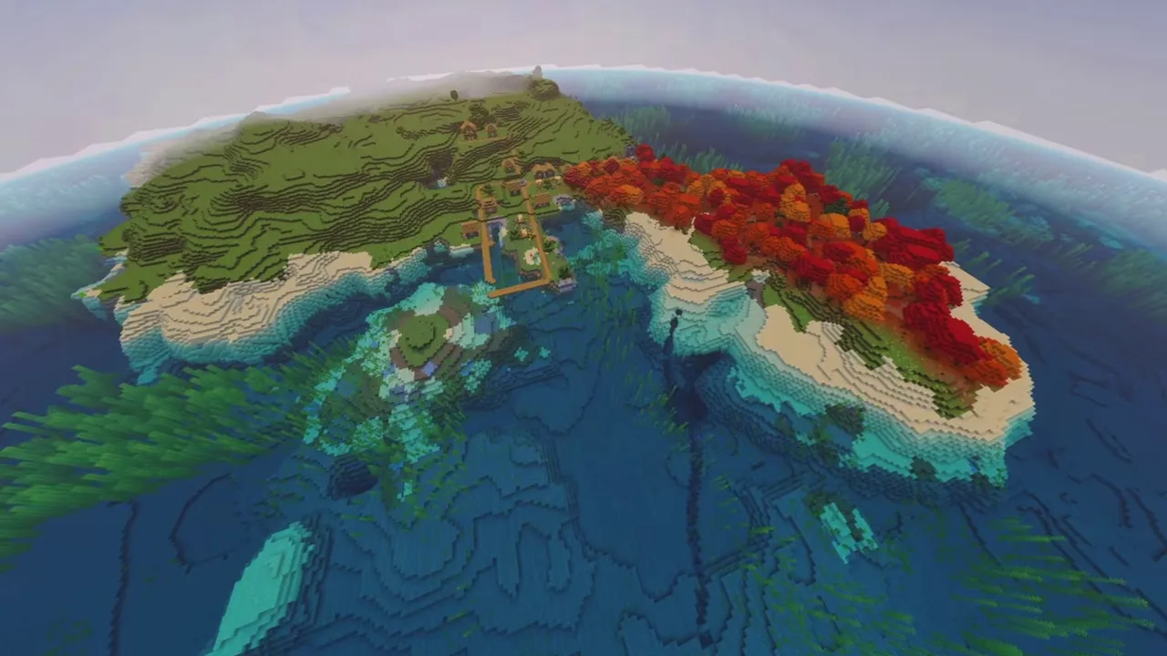 Autumn Peninsula Village Island: Peninsula village island with autumn trees