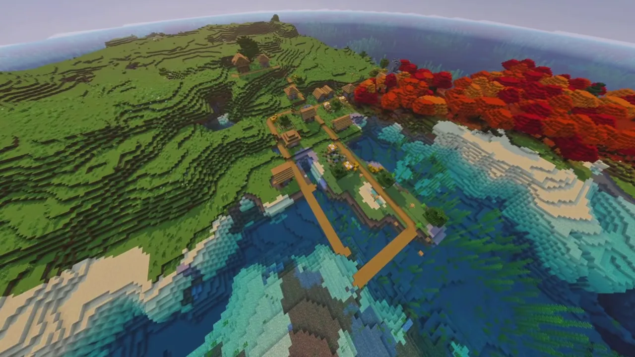 Autumn Peninsula Village Island: Shoreline village cabins along an island spit