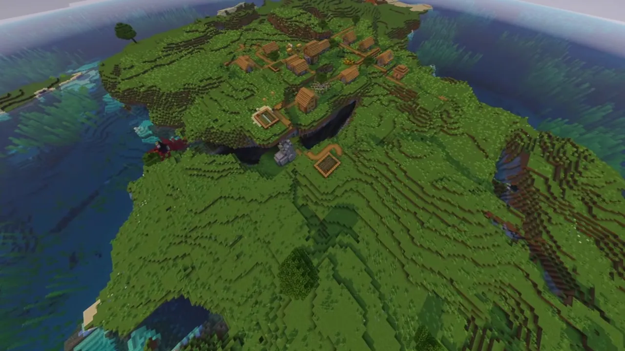 Hilltop Island Village: Village buildings spread across an island hill