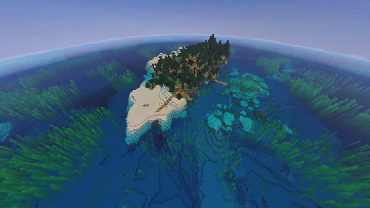 Compact Bay Village Island: Village buildings standing by an inlet