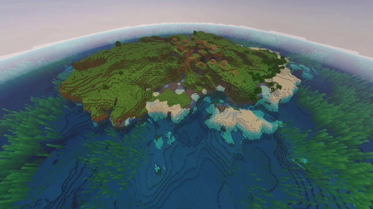 Coastal Ridge Village Island: Village houses along a grassy island ridge