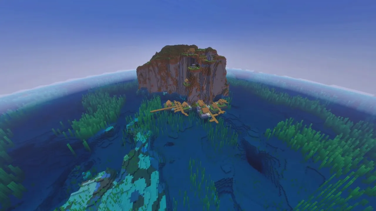 Green Ocean Island Village: Village huts along an open island shore