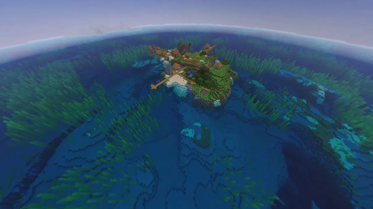 Beachy Shore Island Settlement: Village settlement bordering a sandy island beach