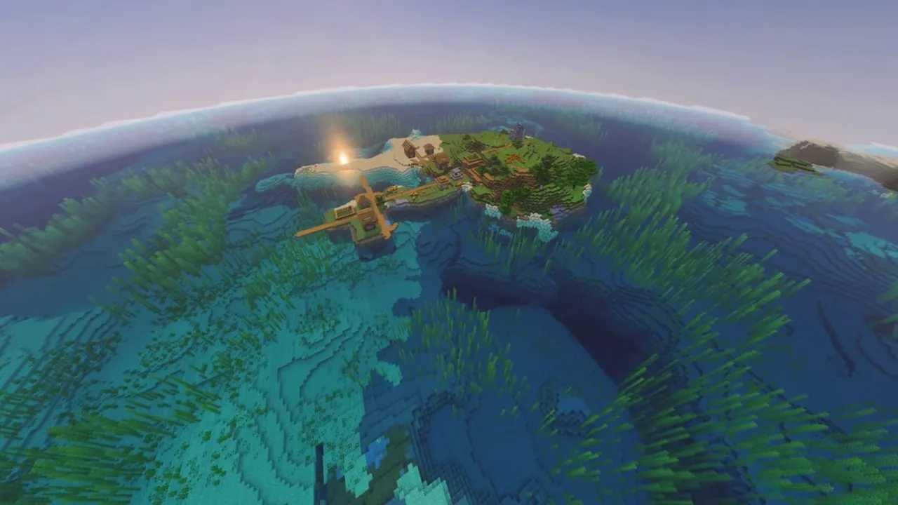 Lagoon Village Island: Walkways across a calm island water basin