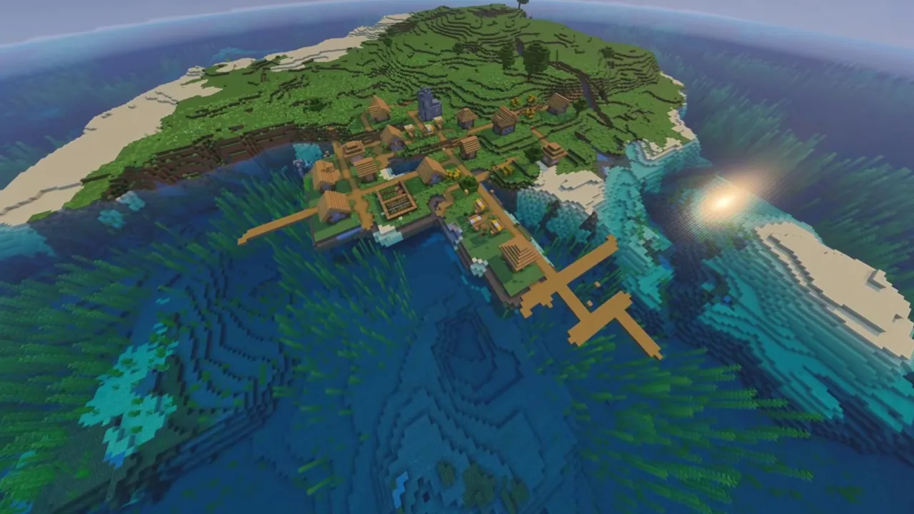 Natural Harbor Village Island: Wooden walkways along a curved island bay