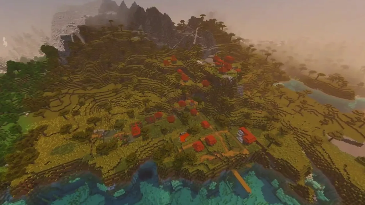 Savanna Mountain Plateau Village: acacia village houses spread over a high mountain plateau