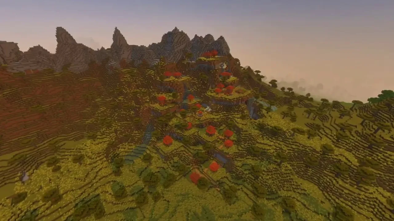Village of the Peaks: cabins perched on stone spires among jagged peaks