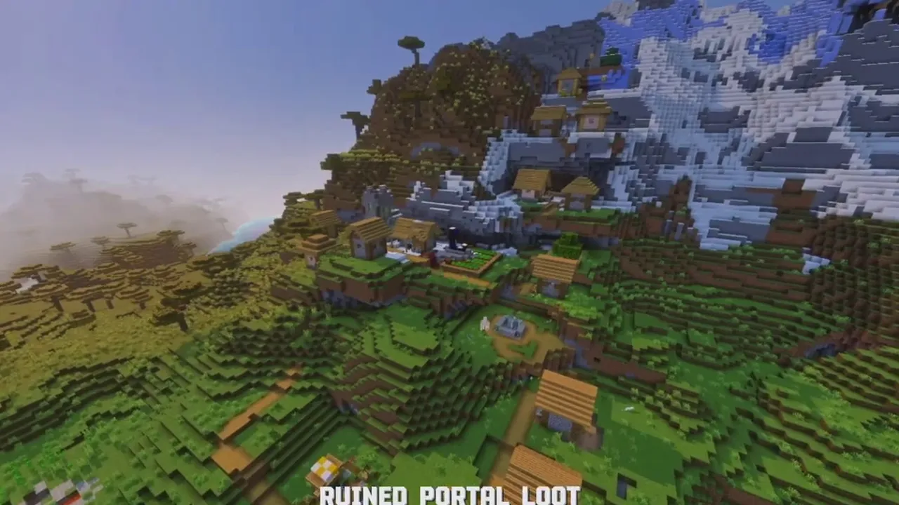Cherry Mountain Village: farm plots and wooden houses beneath blossoming mountain slopes