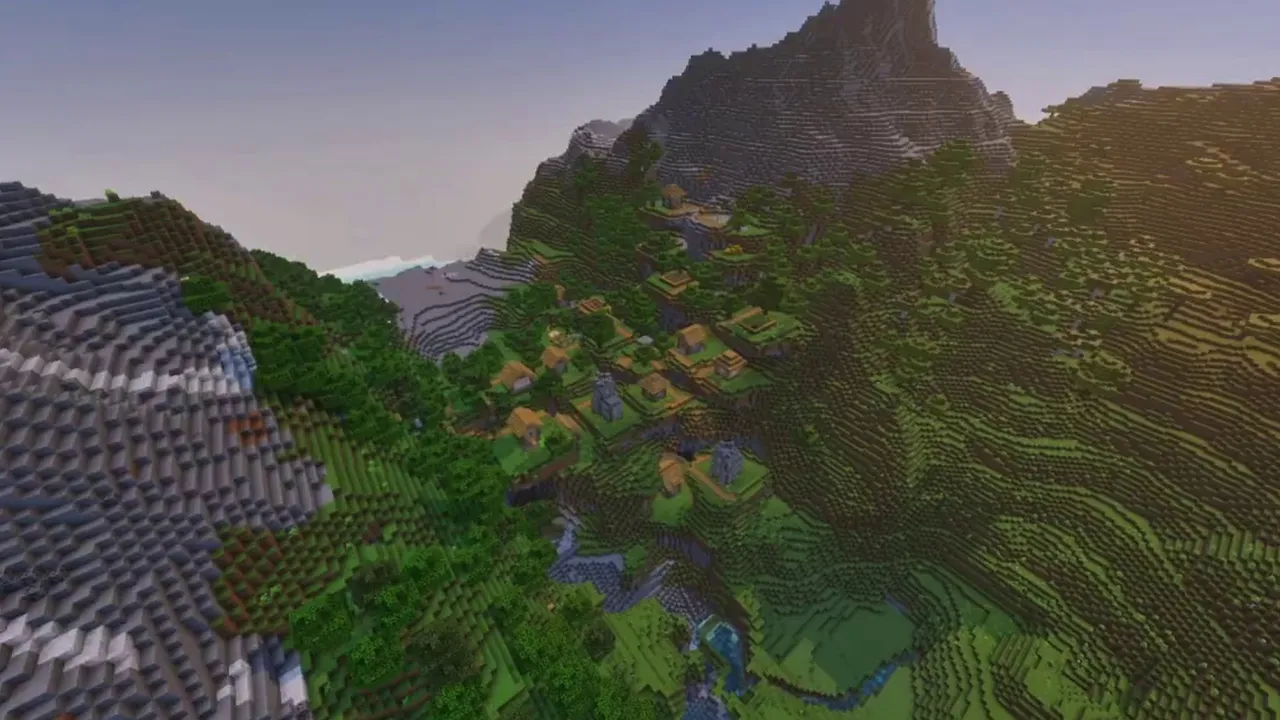 Hidden Mountain Basin Village: grassland paths and farms enclosed by steep mountain terrain