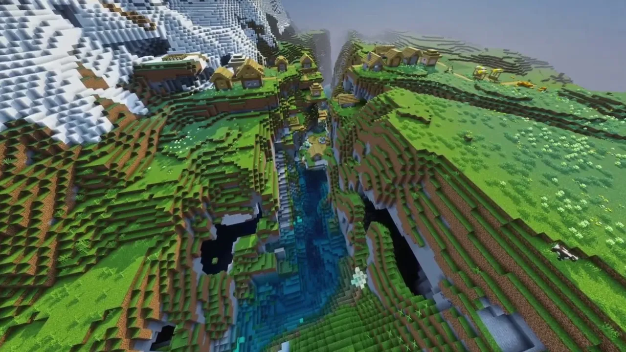 Alpine Meadow Village: houses along an open green plateau beneath jagged snow peaks