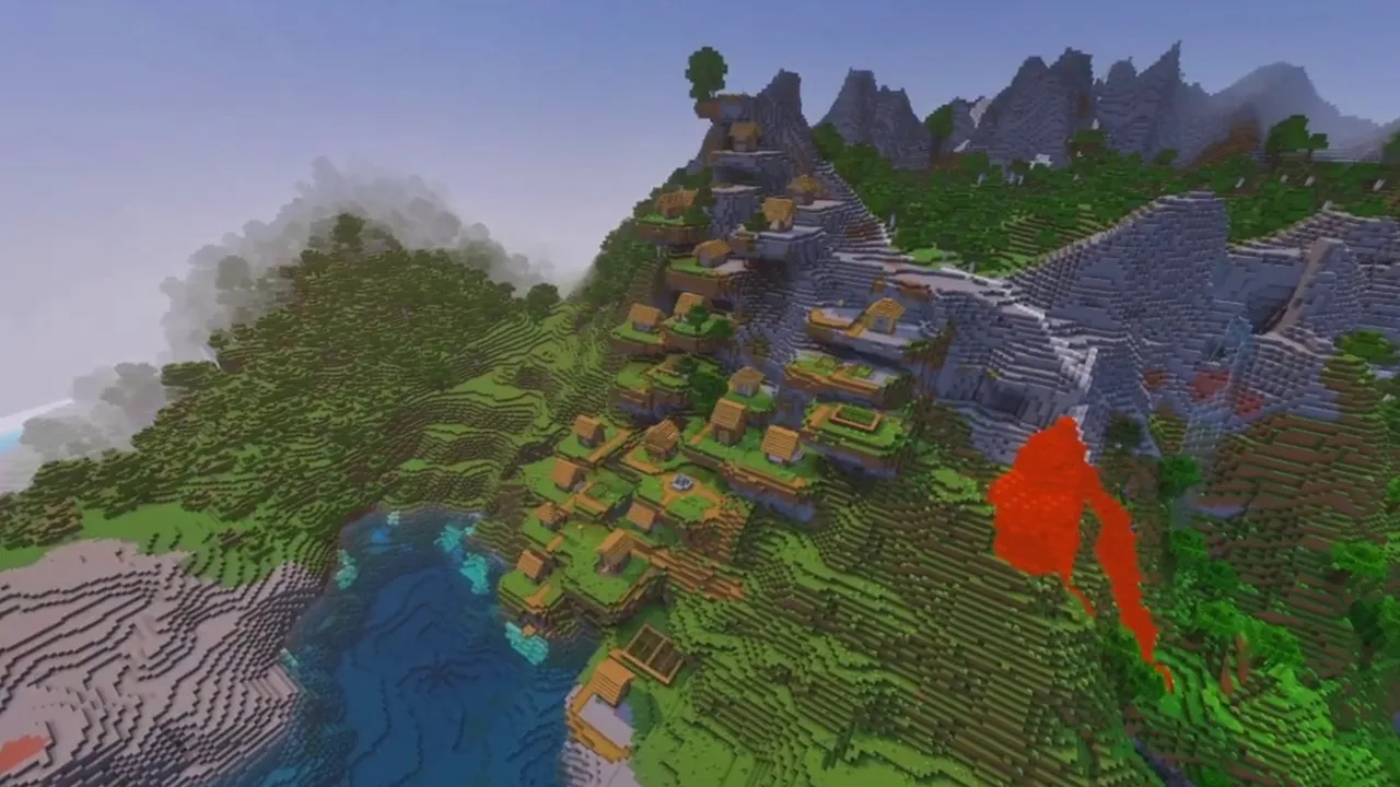 Lava Fall Mountain Village: lava stream pouring down a rocky mountain beside village houses