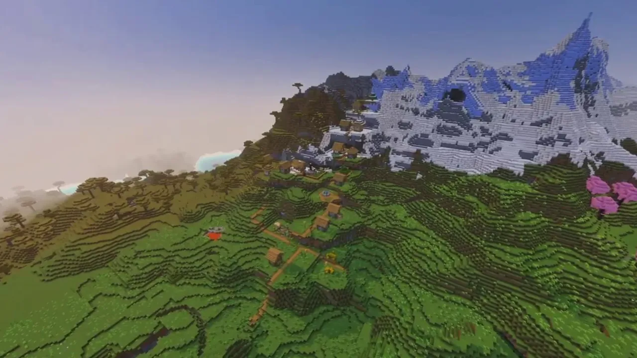 Cherry Mountain Village: pink cherry trees and snow slopes above a hillside village