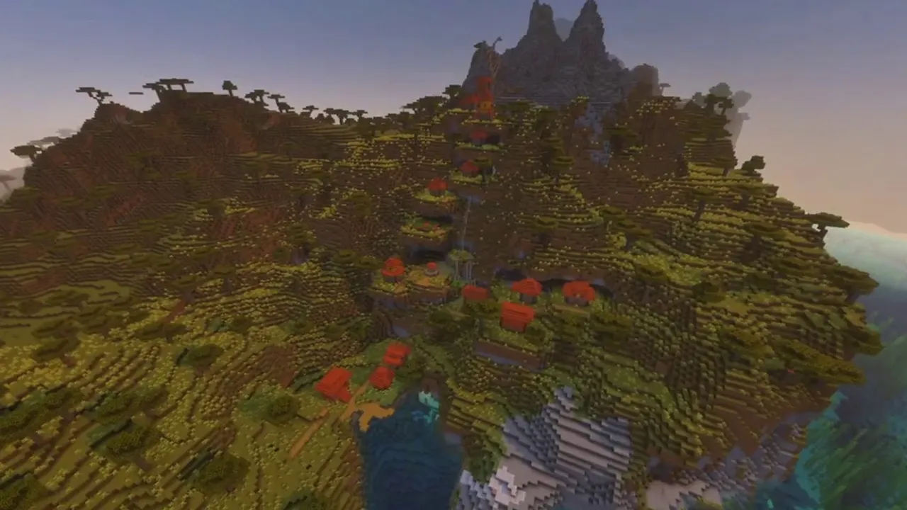 Linear Ridge Village: ridge pathway connecting homes above deep forest slopes