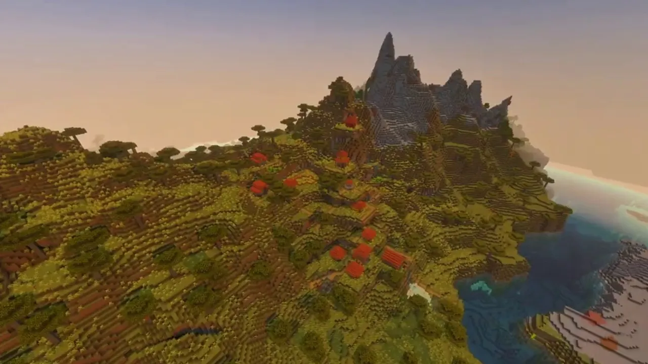 Savanna Hillside Mountain Village: savanna houses stepping up a steep hillside beneath rocky peaks
