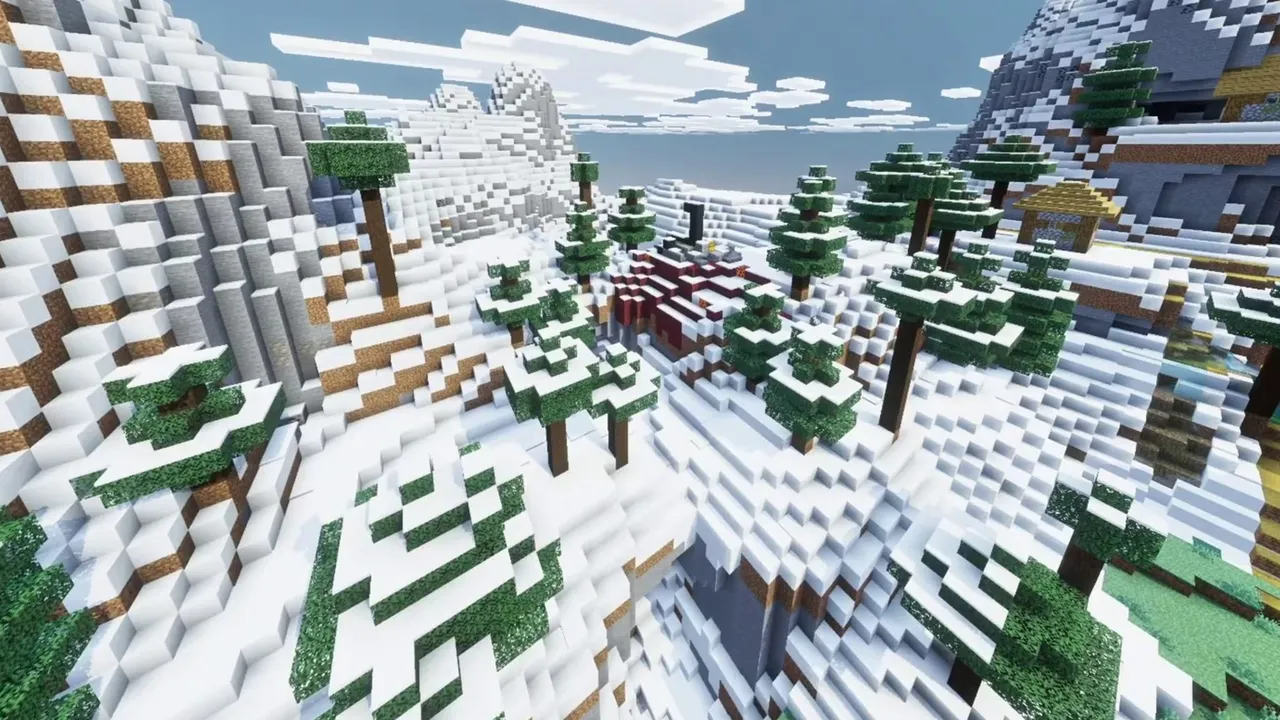 Snowy Mountain Valley Settlement: snowy mountain terrain with spruce trees framing timber houses