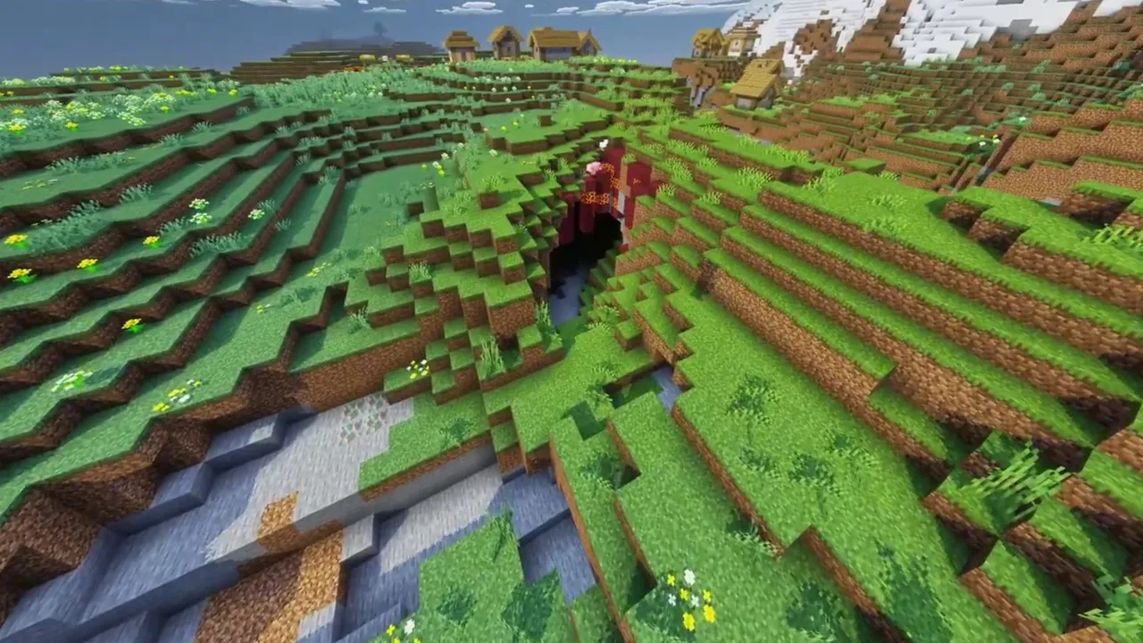 Alpine Meadow Village: stepped grassland with a cave opening below hillside farm plots