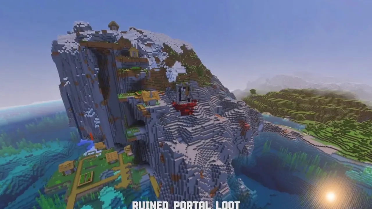 Vertical Sea Cliff Village: summit view showing snow layers and houses perched above the water