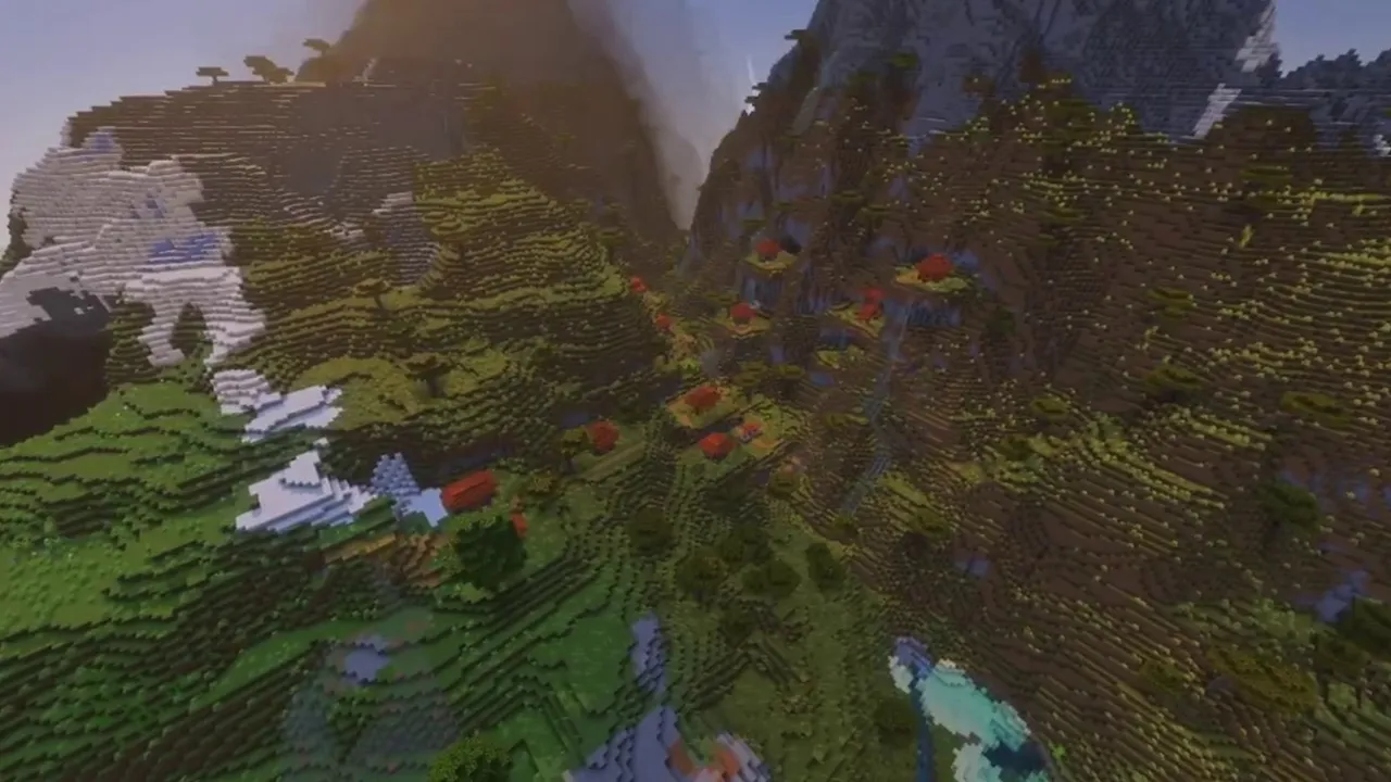 Ledge Village on High Peaks: timber cabins situated on narrow rock ledges along a mountain face