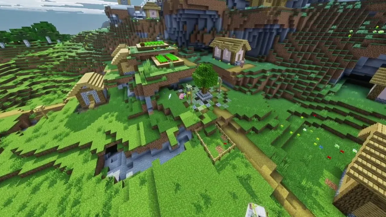 Terraced Mountain Slope Village: timber village houses stepping up a grassy mountain slope
