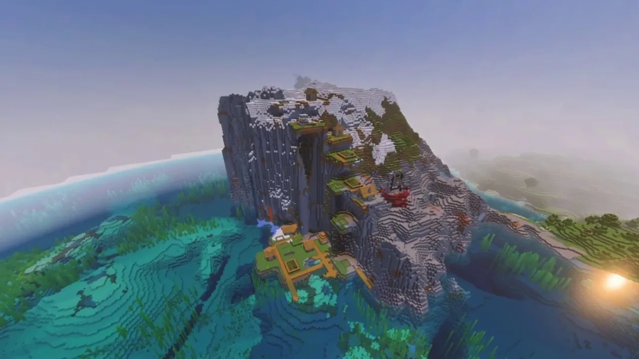 Vertical Sea Cliff Village: vertical mountain cliff rising from the sea with tiered village cabins