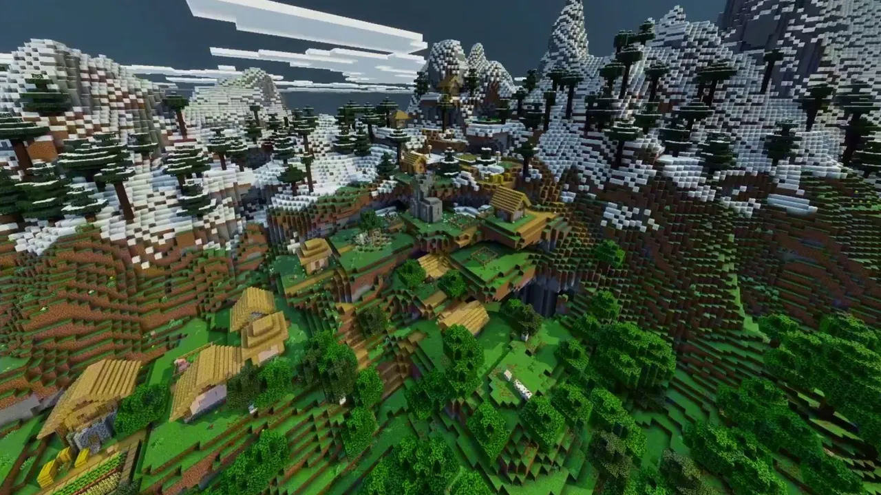 Snowy Mountain Valley Settlement: village buildings situated in a snowy alpine basin between tall peaks