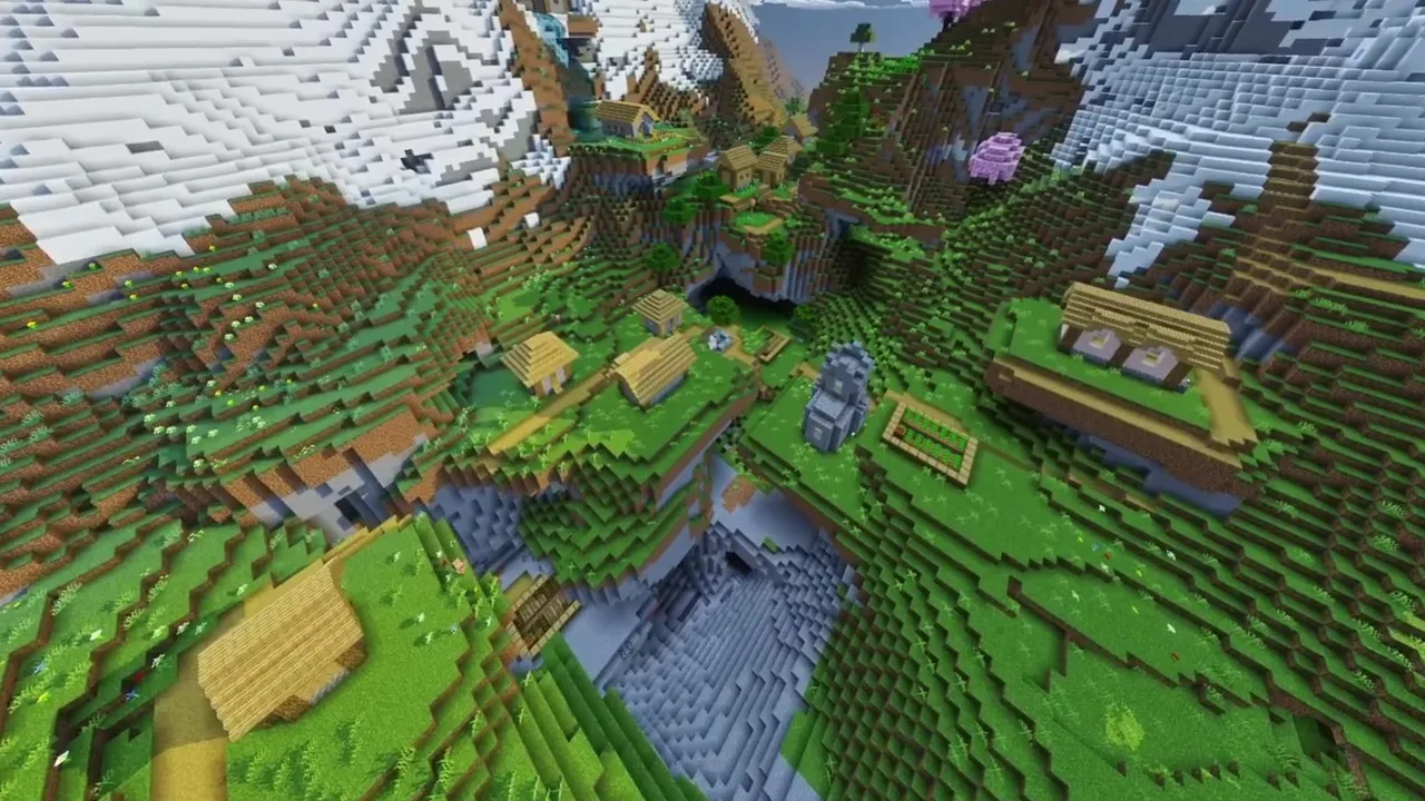 Canyon Mountain Village: village houses built across a mountain canyon with snowy peaks behind
