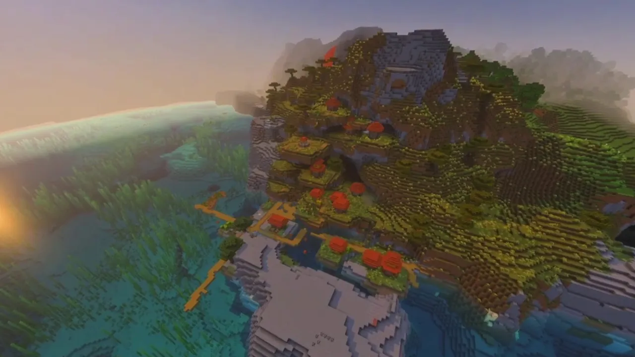 Sunset Ridge Village: village paths and farm plots running along the ridge line