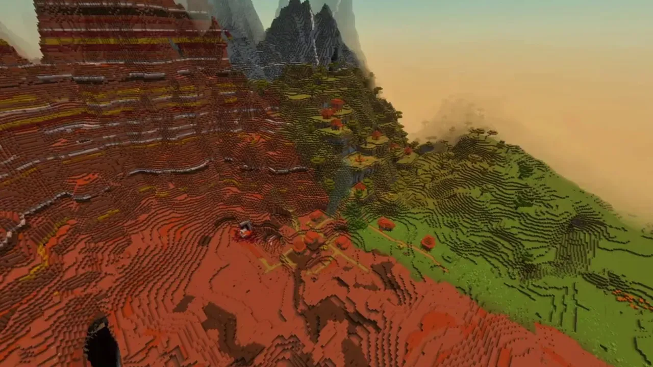 Badlands Mountain Village: village surrounded by striped red terracotta mountain peaks