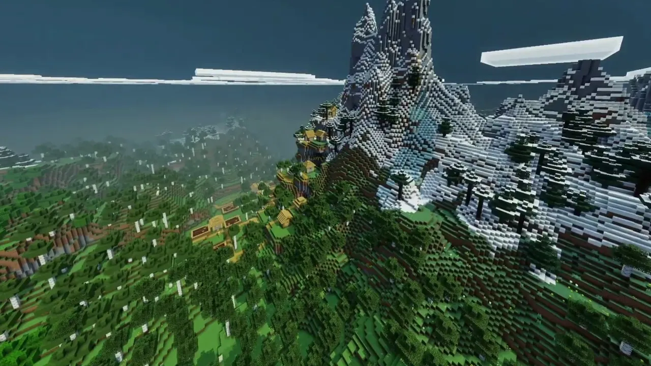 High Peak Cliffside Village: village trail winding between mountain houses above the valley