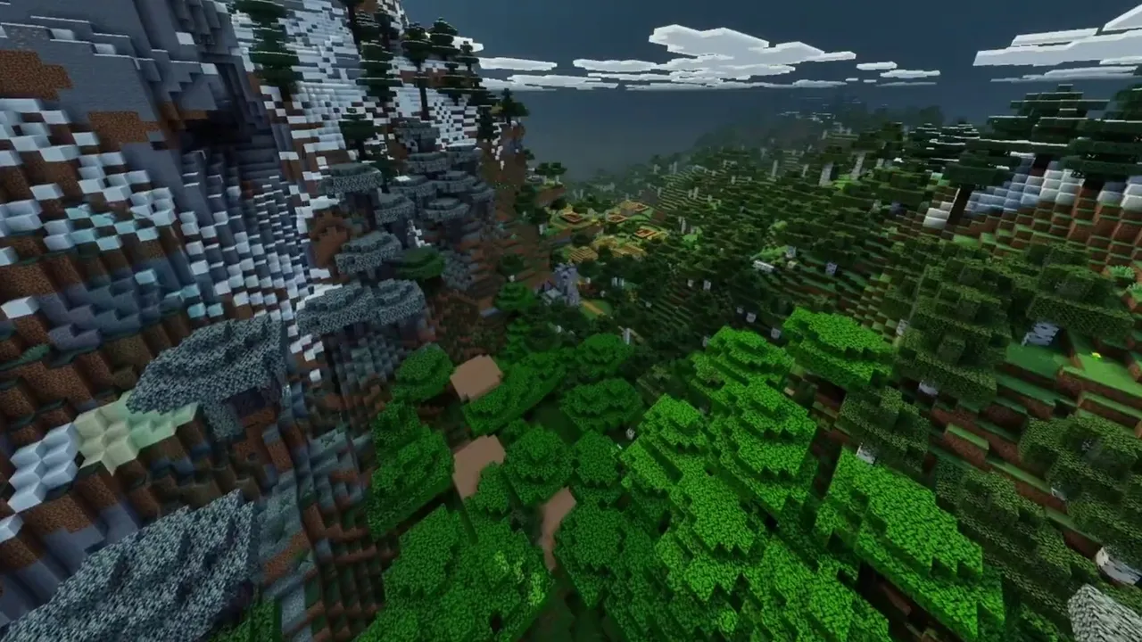 High Peak Cliffside Village: wooden cabins along a steep stone peak with snow on the summit