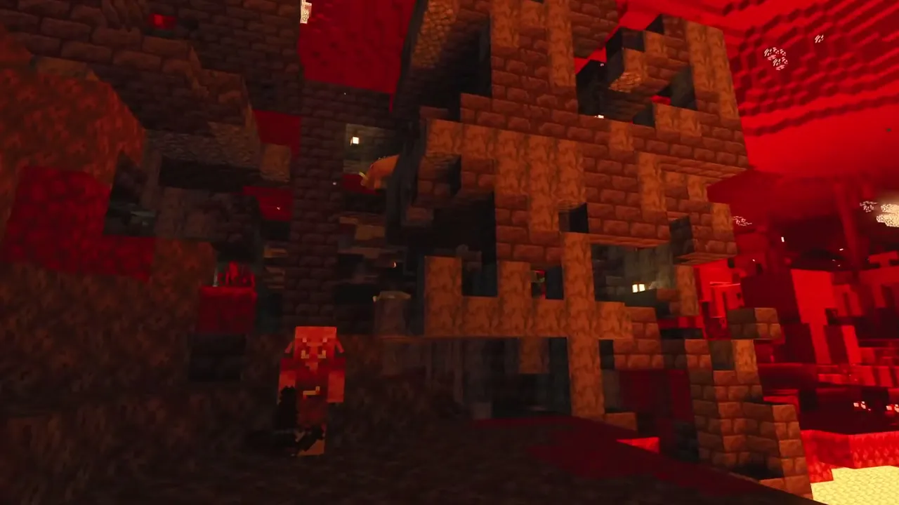 Immediate Nether Fortress at Portal Exit: Active blaze spawner cage surrounded by nether brick fences