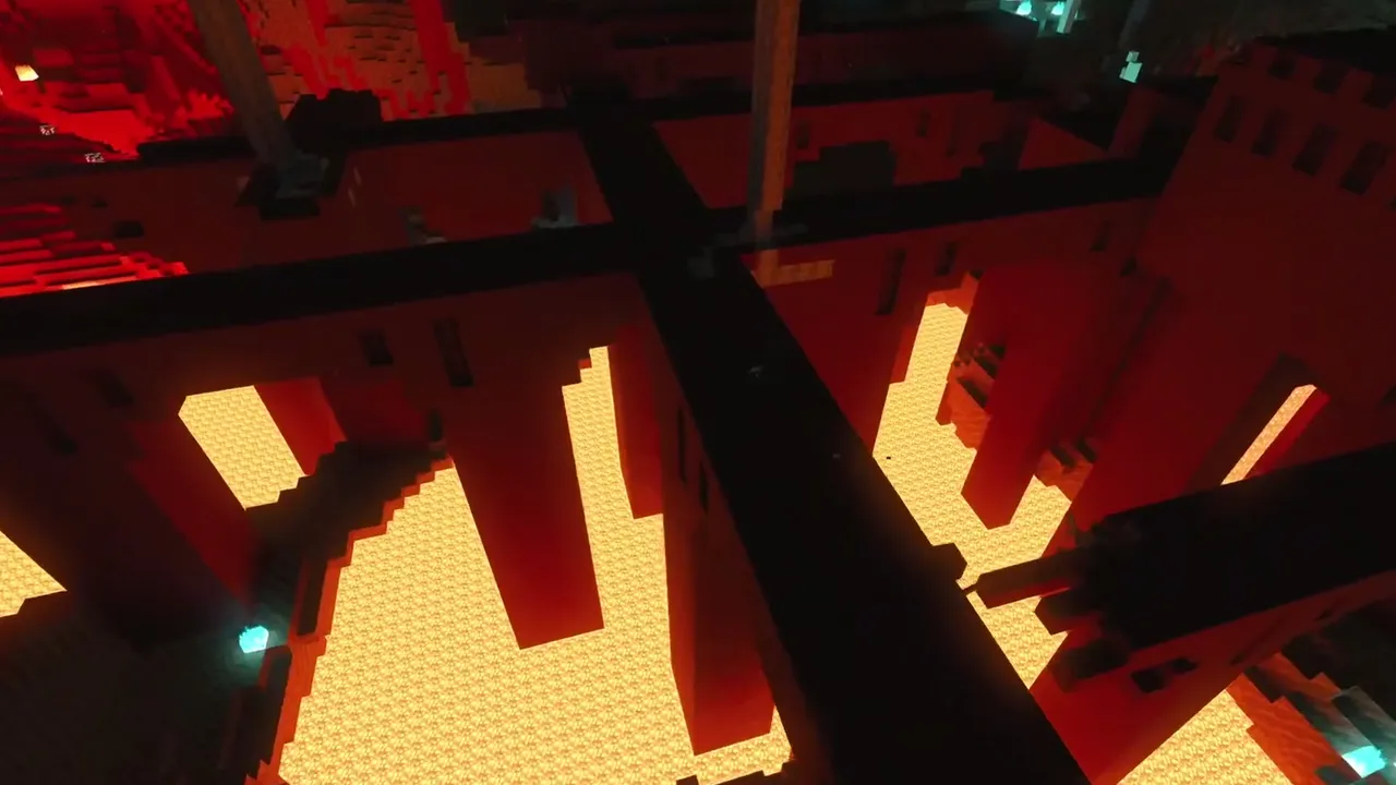 Soul Sand Valley Nether Fortress: Dark nether brick pillars rising out of cyan soul sand valley mist