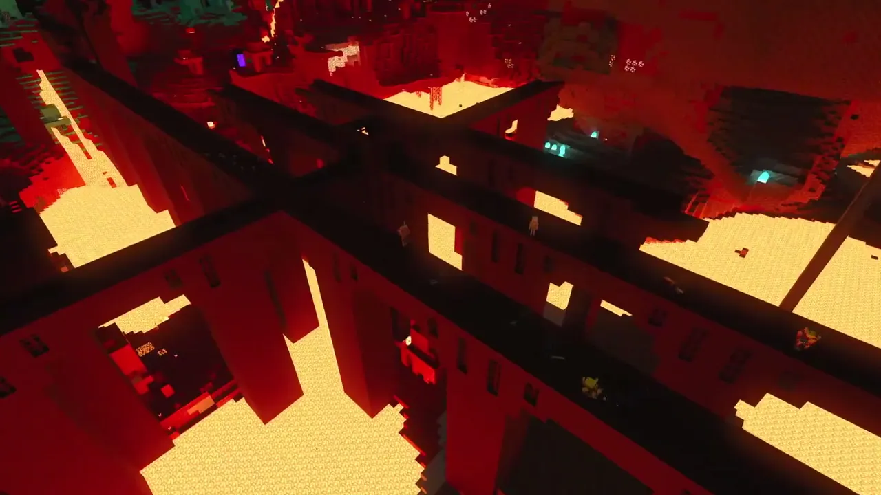 Dual Fortress Intersection Over Lava: Double nether fortress bridges crossing high above open lava
