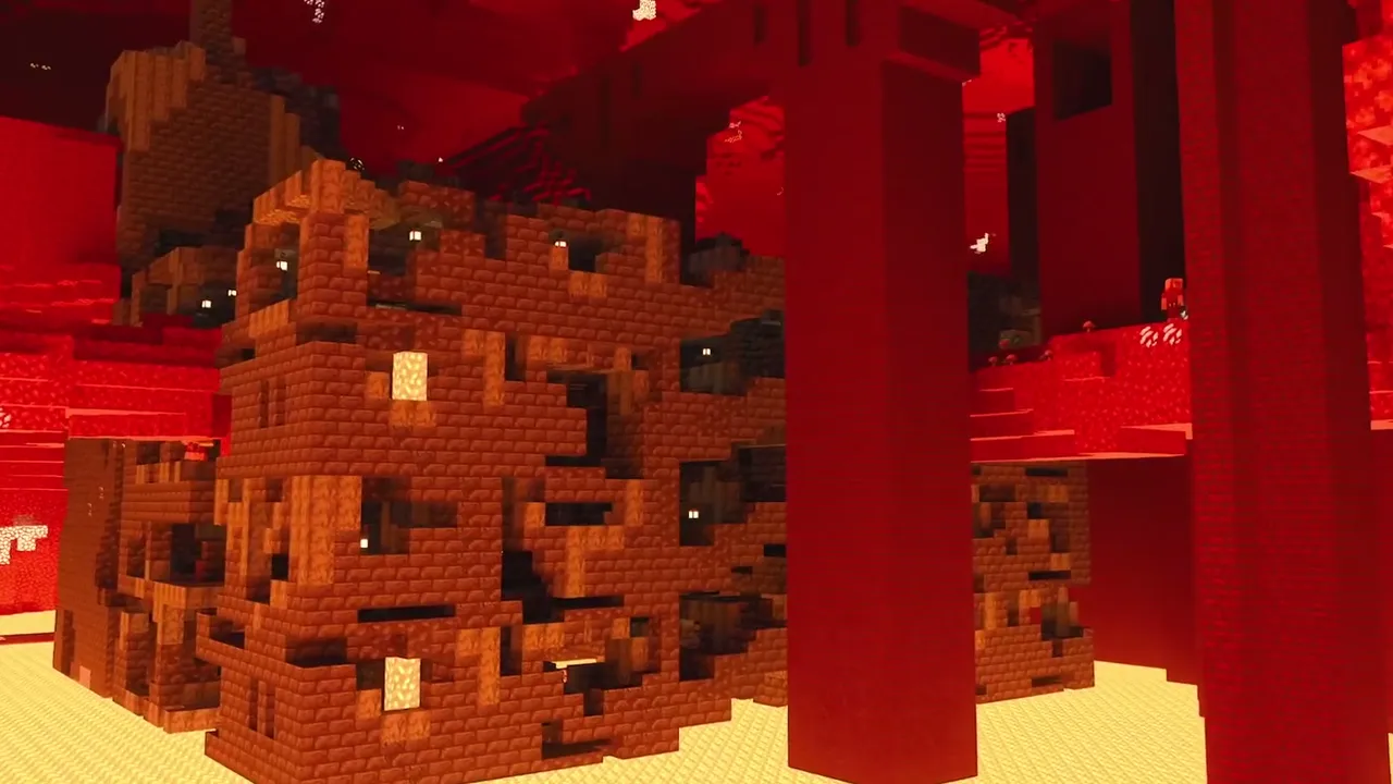 Village Ruined Portal to Fortress Line: Immediate nether fortress walkway exit directly behind the nether gate