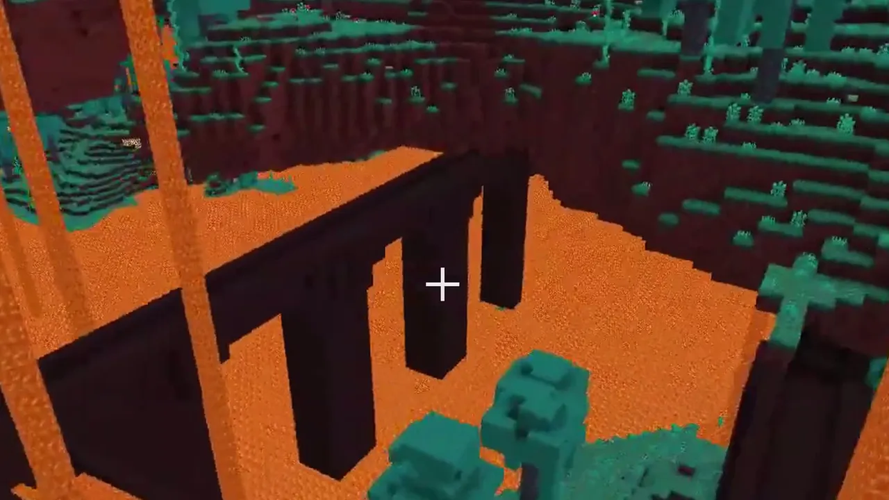 Warped Forest Border Nether Fortress: Nether fortress bridge running over lava toward warped forest trees