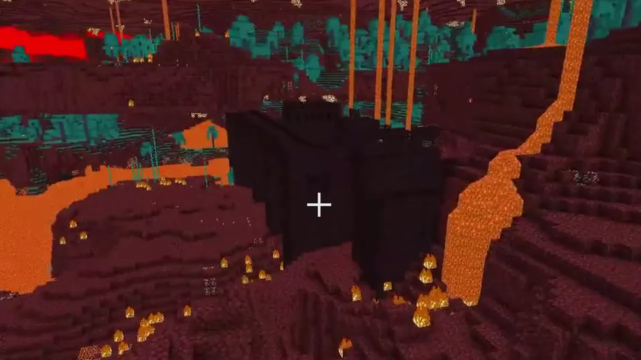 Warped Forest Border Nether Fortress: Tall nether brick towers rising amid flames and warped vines
